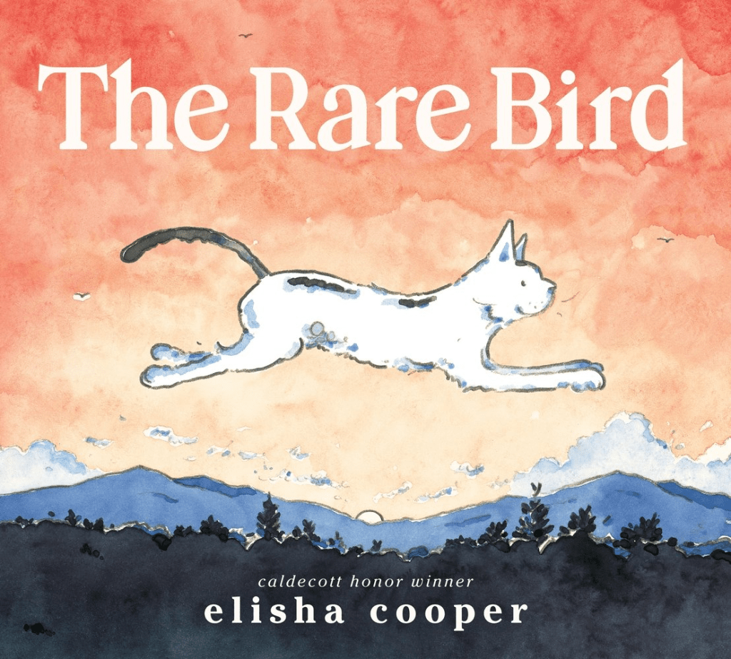 Cover image for The Rare Bird by Elisha Cooper. Features a white cat leaping against an orange sky with mountains and trees below.