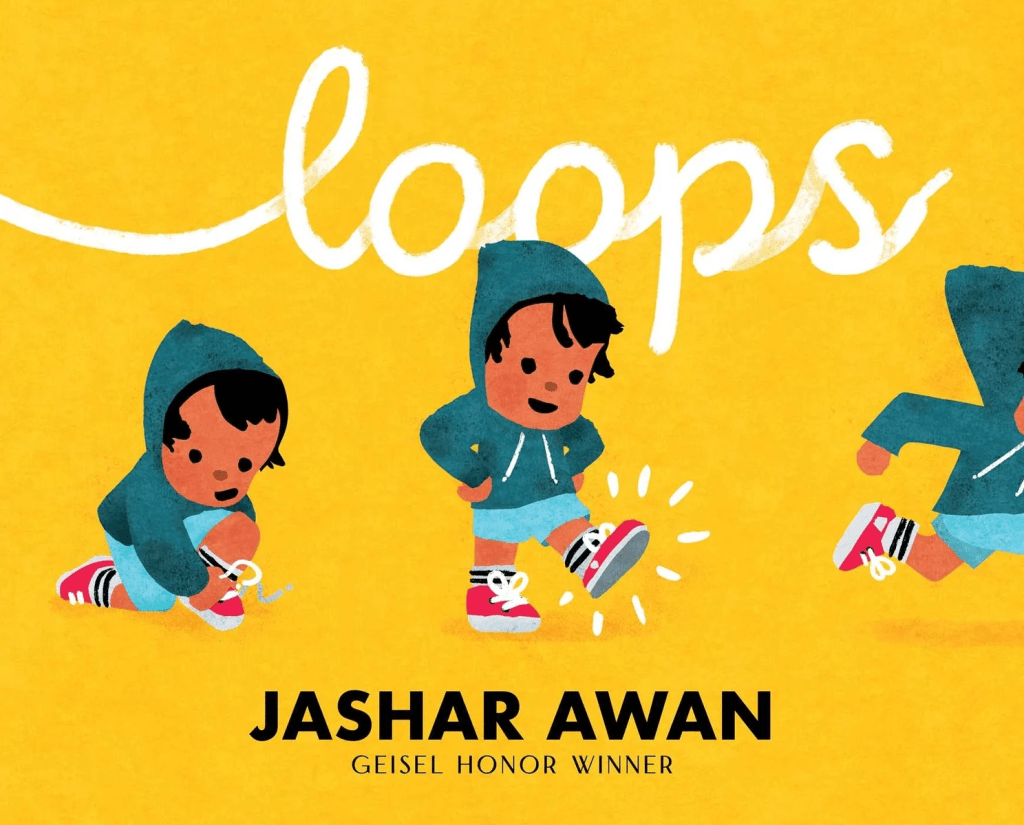Cover image for Loops by Jashar Awan. Features a child in a blue hoodie tying their shoelaces and running off.