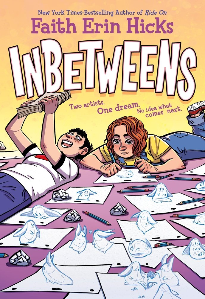 Cover image for Inbetweens by Faith Erin Hicks, featuring two girls lying on the ground together, one drawing a series of small creatures, the other holding a book.